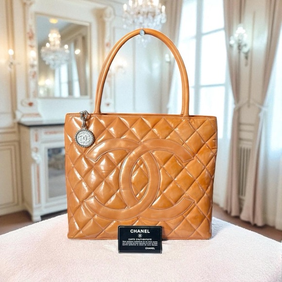 Chanel Tangerine Quilted Patent Leather & Silver Medallion Tote Bag - Picture 1 of 16